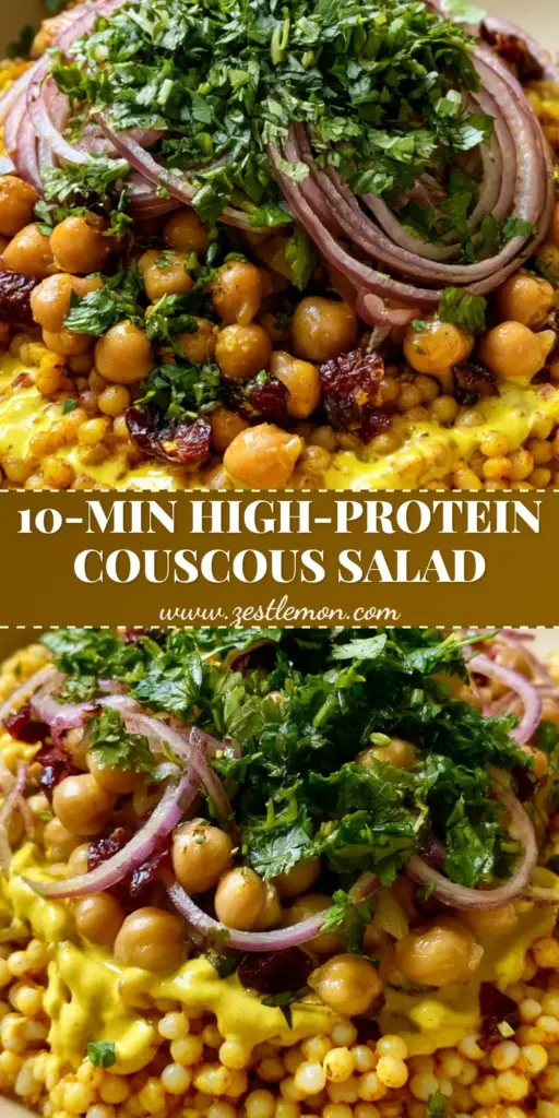 Curried Couscous Chickpea Salad: The Ultimate Vibrant Mediterranean Lunch 4 A handheld smartphone photo of a vibrant Curried Couscous Chickpea Salad in a matte cream ceramic bowl with turmeric-stained yellow pearls, purple onions, and cilantro.