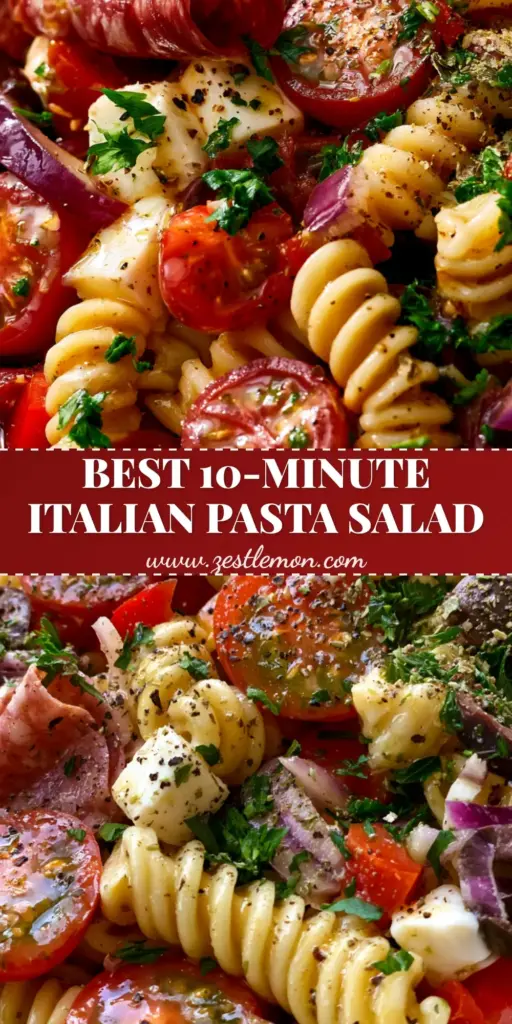 Italian Pasta Salad With Zesty Vinaigrette and Dry-Cured Salami 3 A close-up of a vibrant Italian Pasta Salad in a white ceramic bowl featuring rotini pasta, salami, mozzarella, and a glossy vinaigrette.