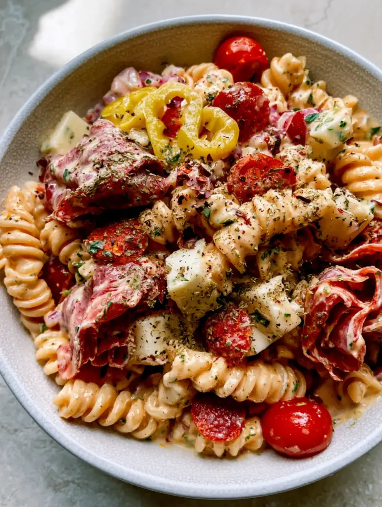 Italian Grinder Pasta Salad: The Ultimate Creamy Deli-Style Recipe 1 A messy-perfect bowl of Italian Grinder Pasta Salad with folded salami ribbons and bright yellow banana peppers.