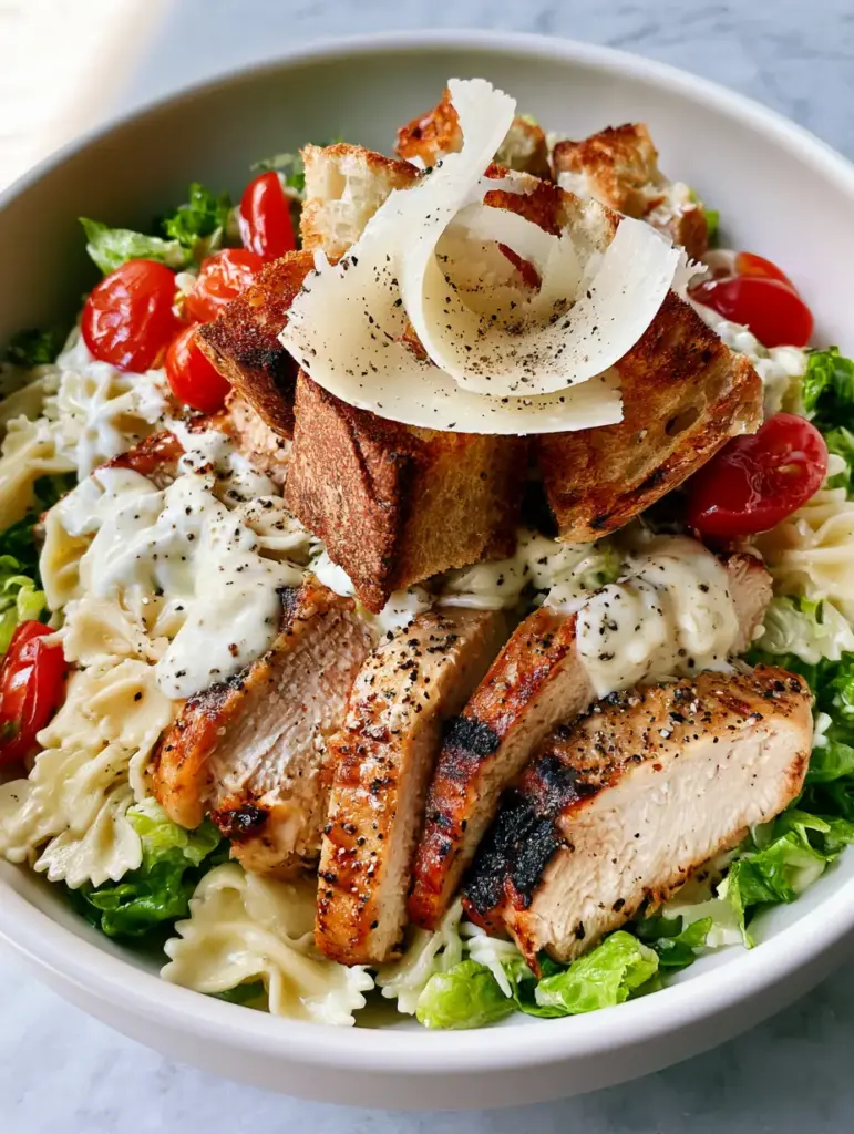 A close-up view of chicken Caesar pasta salad featuring vibrant green romaine, golden-brown chicken slices, and glossy cherry tomatoes.