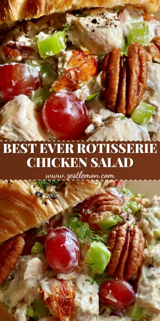 Chicken Salad Recipe: The Ultimate Rotisserie Croissant Sandwich 3 A close-up shot of an overflowing buttery croissant filled with a glossy chicken salad recipe featuring grapes, pecans, and fresh dill.