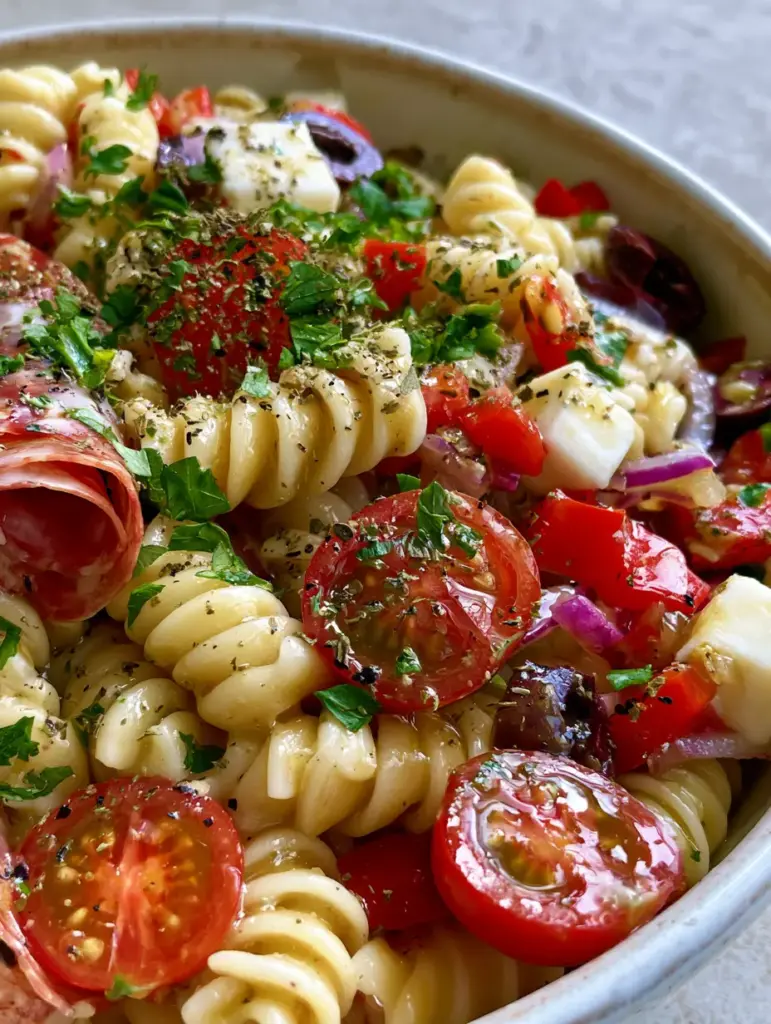Macro shot of Italian Pasta Salad showing the glistening texture of halved cherry tomatoes and the golden vinaigrette on rotini.