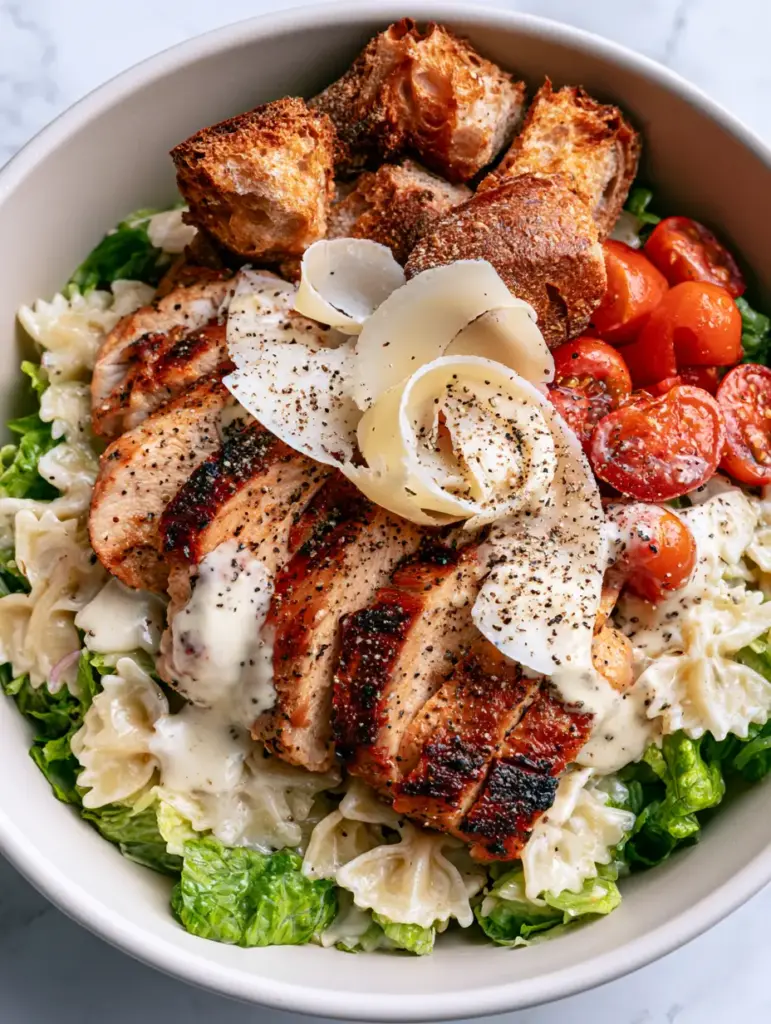 Chicken Caesar Pasta Salad with Golden-Brown Seared Chicken 1 Overhead view of chicken Caesar pasta salad in a matte white bowl with rustic sourdough croutons and thick creamy dressing.