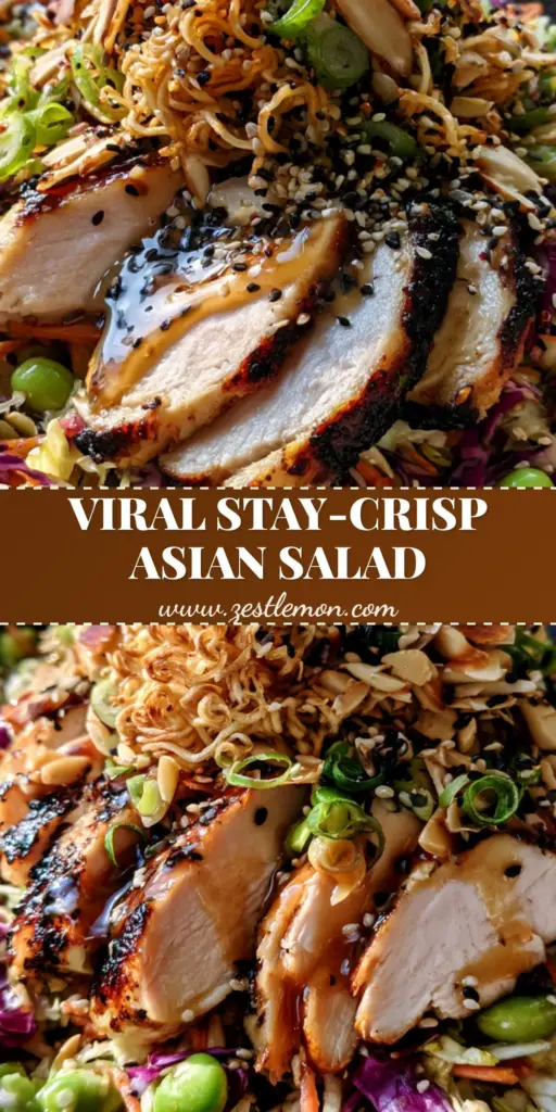 Crunchy Asian Chicken Salad with Honey-Sesame Dressing and Toasted Ramen 3 A vibrant Crunchy Asian chicken salad in a charcoal bowl with charred chicken slices and glossy dressing.
