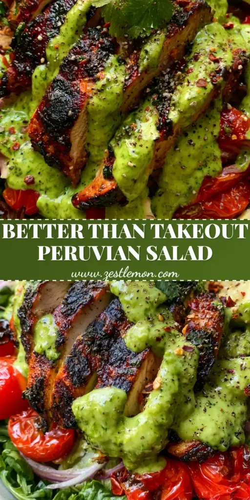 Peruvian Grilled Chicken Salad with Zesty Aji Verde Sauce 4 A vibrant Peruvian Grilled Chicken Salad in a rustic white bowl featuring charred chicken slices and neon green aji verde sauce.