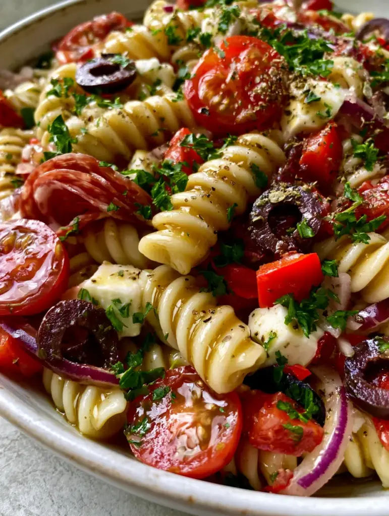 Italian Pasta Salad With Zesty Vinaigrette and Dry-Cured Salami 1 Close-up of fresh mozzarella cubes and folded salami in a vibrant Italian Pasta Salad.