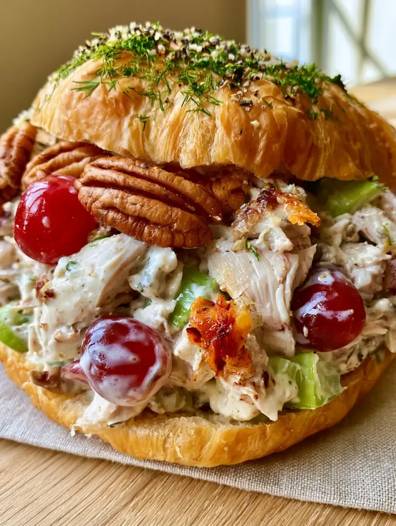 Macro photo of creamy chicken salad recipe showing large white meat chunks, roasted skin, and cracked black pepper.