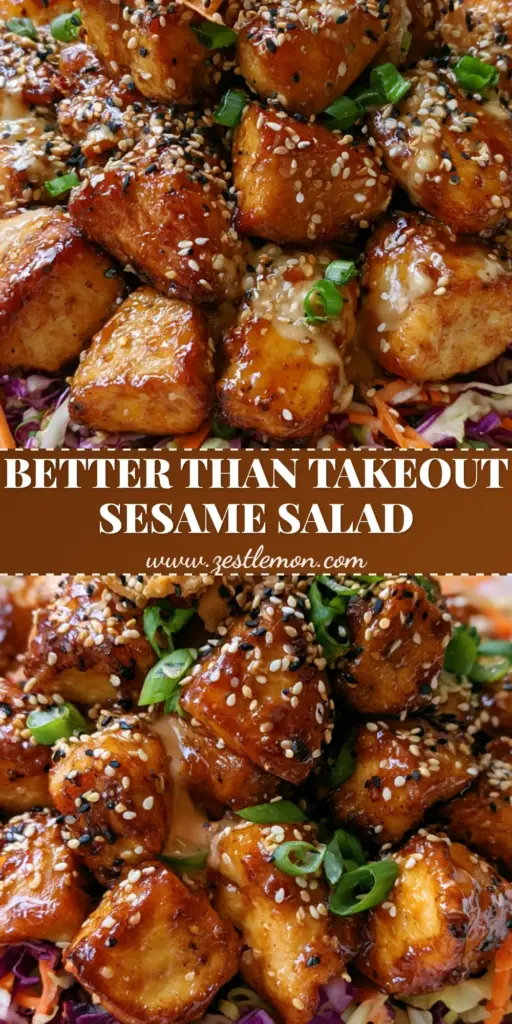 Sesame Chicken Salad with Glossy Amber Glaze and Crispy Wontons 3 A top-down view of a vibrant sesame chicken salad in a white bowl featuring purple cabbage, glazed chicken, and crispy wontons.
