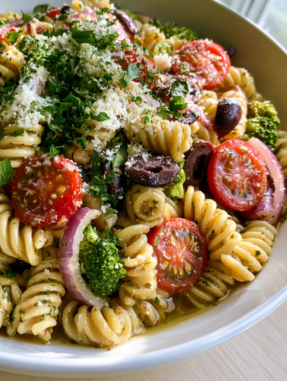 Olive Garden Pasta Salad: The Ultimate Zesty Rotini Copycat Recipe 3 Close-up of rotini pasta spirals coated in herb-flecked dressing for an olive garden pasta salad.
