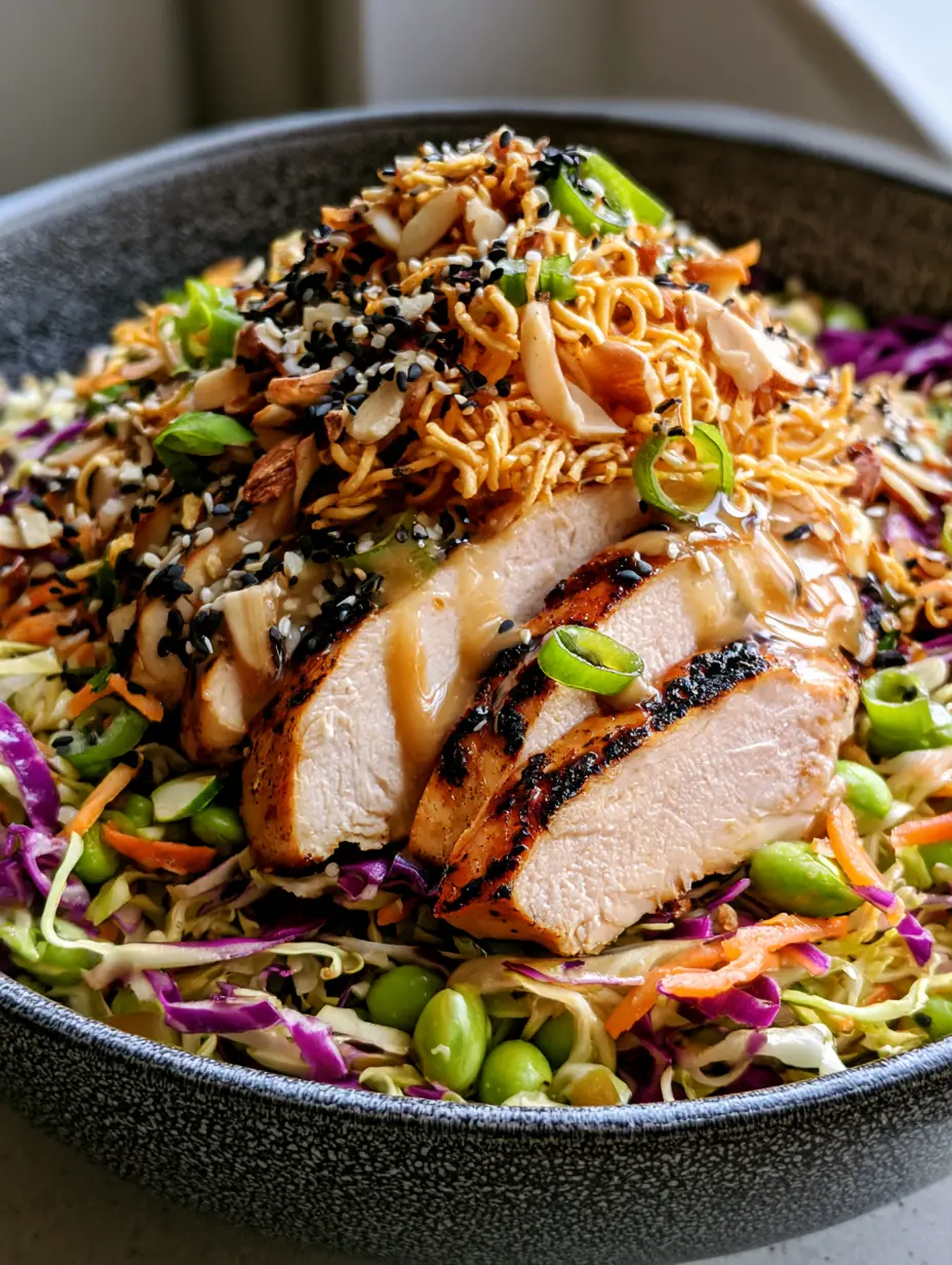 Crunchy Asian Chicken Salad with Honey-Sesame Dressing and Toasted Ramen 4 Overhead view of a Crunchy Asian chicken salad showing finely shredded purple cabbage and julienned carrots.
