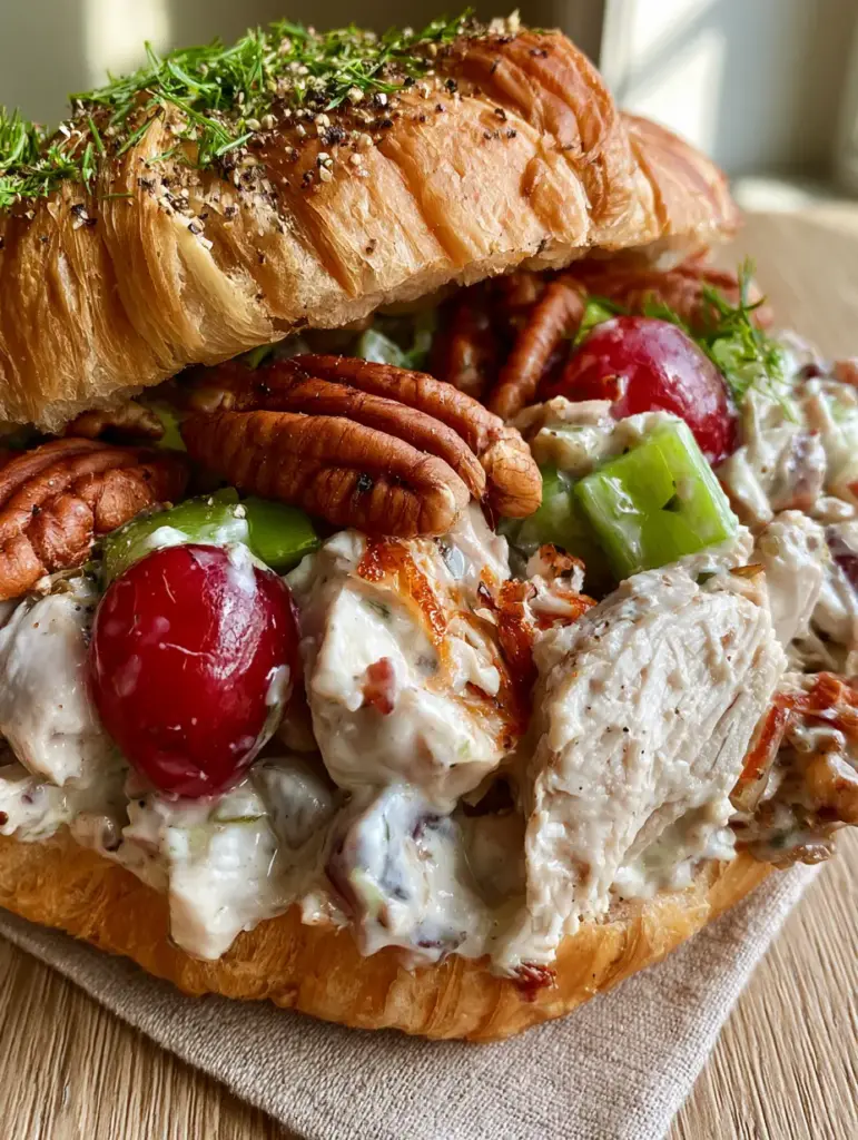 Chicken Salad Recipe: The Ultimate Rotisserie Croissant Sandwich 1 Close up of a chicken salad recipe croissant sandwich on a light wood surface with natural window lighting.