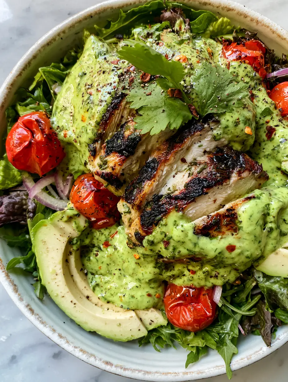 Peruvian Grilled Chicken Salad with Zesty Aji Verde Sauce 3 Top-down view of charred chicken breast with herb seasoning on a bed of fresh romaine and arugula.