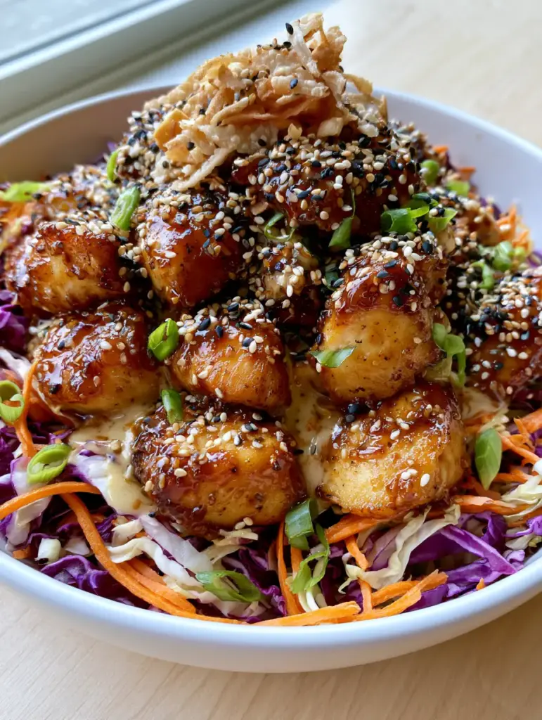 Close-up of seared golden-brown chicken bites coated in a glossy amber sesame glaze for the sesame chicken salad.