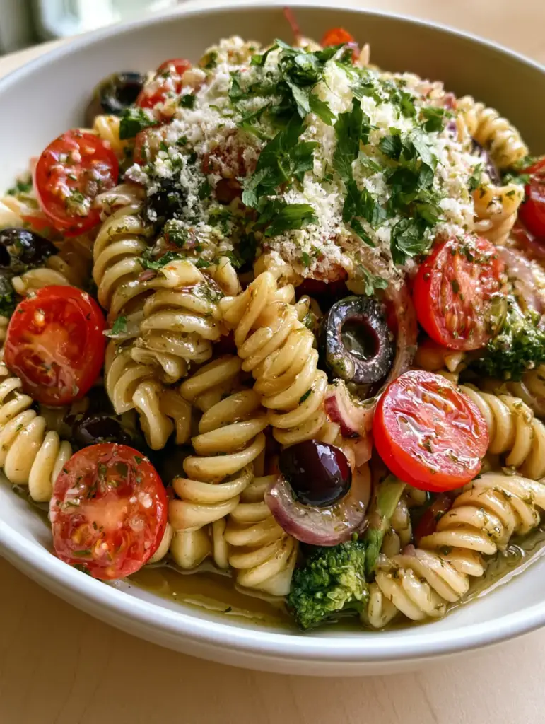 Olive Garden Pasta Salad: The Ultimate Zesty Rotini Copycat Recipe 1 Bright emerald broccoli and red cherry tomatoes mixed into an olive garden pasta salad.