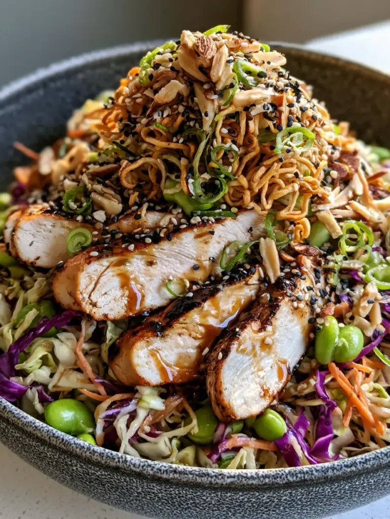 Crunchy Asian Chicken Salad with Honey-Sesame Dressing and Toasted Ramen 1 Close up of seared chicken breast with charred edges on top of a Crunchy Asian chicken salad.