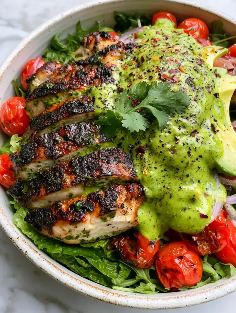 Peruvian Grilled Chicken Salad with Zesty Aji Verde Sauce 1 Close-up of glossy neon-green aji verde sauce drizzled over avocado wedges and blistered tomatoes.