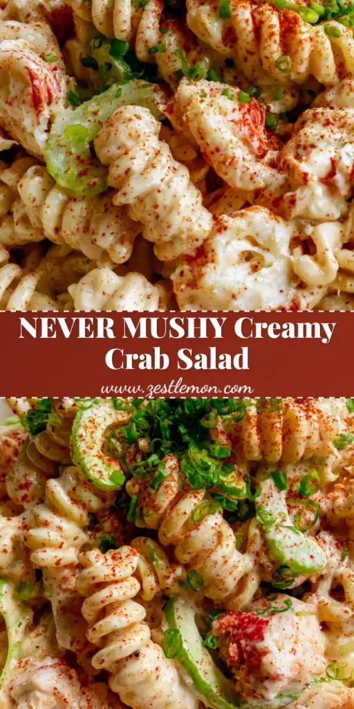 Crab Pasta Salad with Creamy Old Bay Dressing and Lump Crab Meat 3 A close-up vertical shot of a vibrant crab pasta salad in a white bowl, highlighting lump crab meat and rotini pasta spirals. (crab pasta salad)