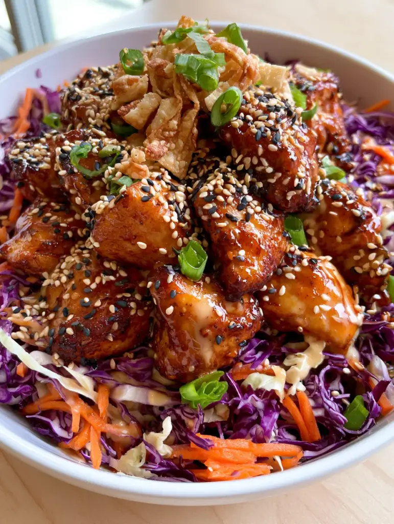 Sesame Chicken Salad with Glossy Amber Glaze and Crispy Wontons 1 A shallow ceramic bowl filled with sesame chicken salad, showing creamy dressing pooling in cabbage crevices.
