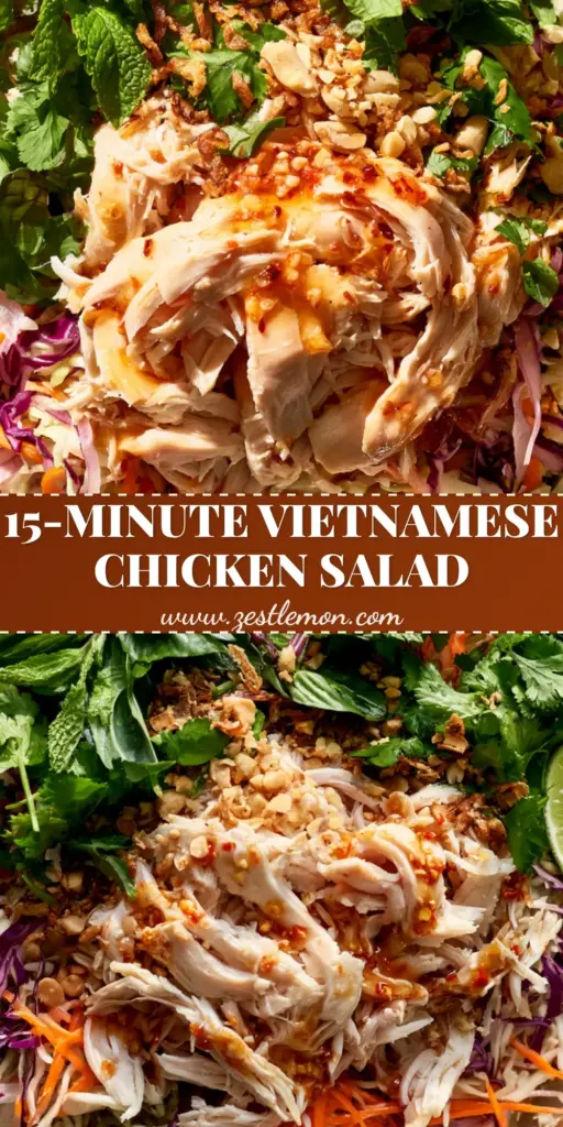 Vietnamese Chicken Salad (Goi Ga) with Zesty Nuoc Cham Dressing 3 A top-down macro shot of a vibrant Vietnamese Chicken Salad with shredded cabbage and hand-shredded chicken in a ceramic bowl.
