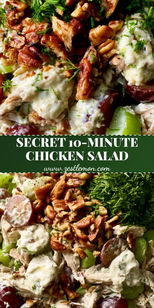 Chicken Salad with Grapes and Toasted Pecans: The Ultimate Creamy Recipe 4 A close-up of a vibrant Chicken Salad with shredded chicken, red grapes, toasted pecans, and fresh dill in a cream bowl.