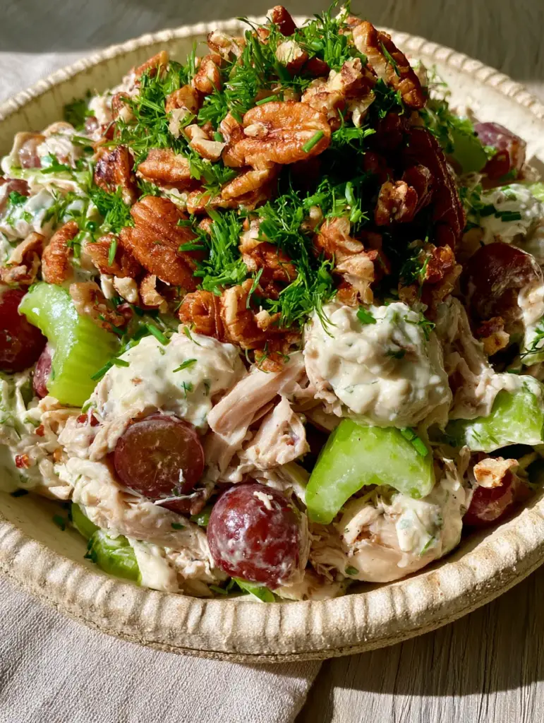 Top-down view of Chicken Salad featuring glistening shredded chicken, bright green celery crescents, and deep-red grape halves.