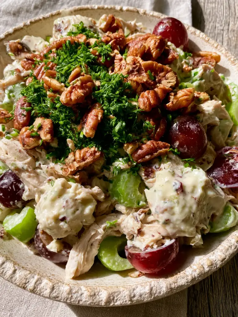 Chicken Salad with Grapes and Toasted Pecans: The Ultimate Creamy Recipe 1 Smartphone-style photo of Chicken Salad topped with a forest of dill and chives and toasted golden pecans.