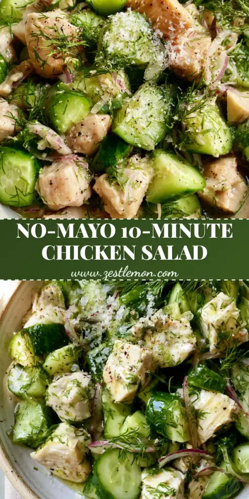 Cucumber Dill Chicken Salad with Zesty Lemon-Herb Vinaigrette 4 A rustic off-white bowl filled with Cucumber Dill Chicken Salad, featuring glossy chicken cubes, green cucumber half-moons, and abundant fresh dill on a marble surface.