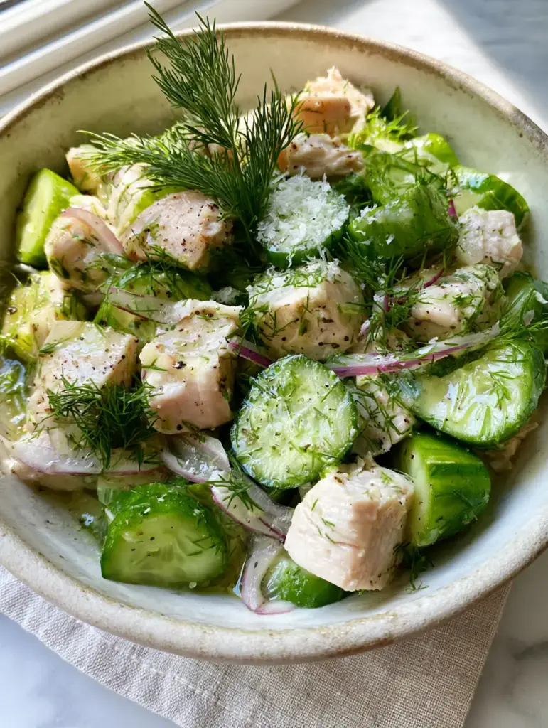 Home 6 High-angle shot of Cucumber Dill Chicken Salad showing tender poached chicken, thin red onion slivers, and feathery dill fronds.