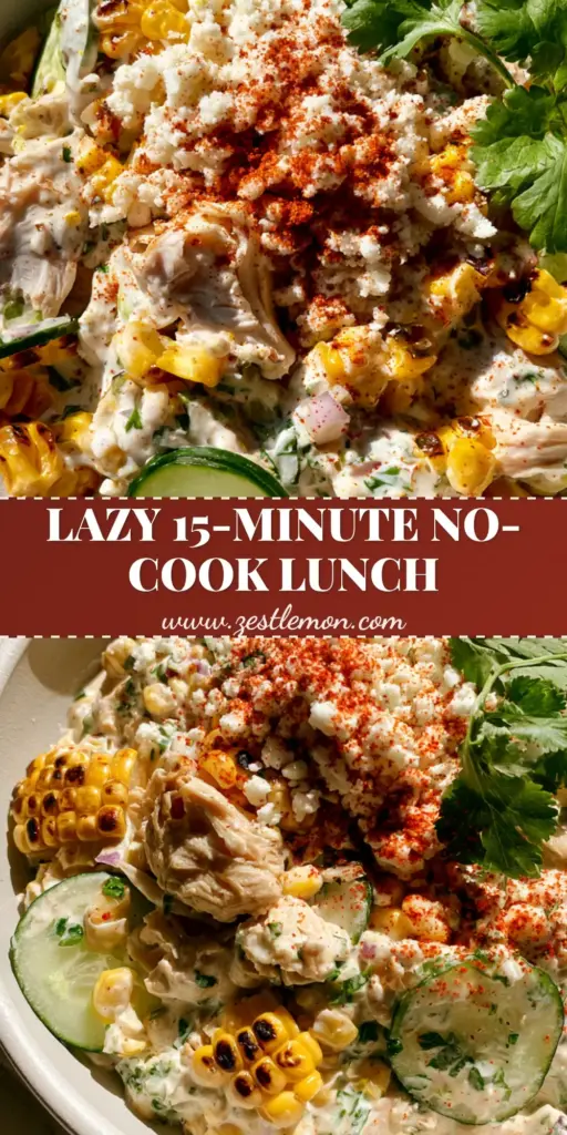 Street Corn Creamy Cucumber Chicken Salad with Lime Crema 4 A top-down view of a vibrant street corn creamy cucumber chicken salad with charred corn, cotija cheese, and smoked paprika in a white bowl. (street corn creamy cucumber chicken salad)