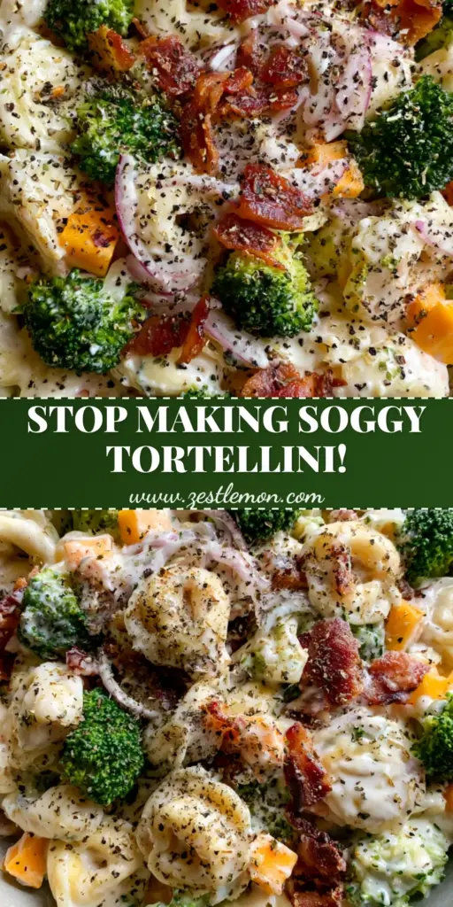 Tortellini Broccoli Salad with Crispy Bacon and Sharp Cheddar 4 A large stoneware bowl filled with Tortellini Broccoli Salad, featuring bright emerald broccoli, mahogany-colored bacon bits, and orange cheddar cubes in a thick white dressing.