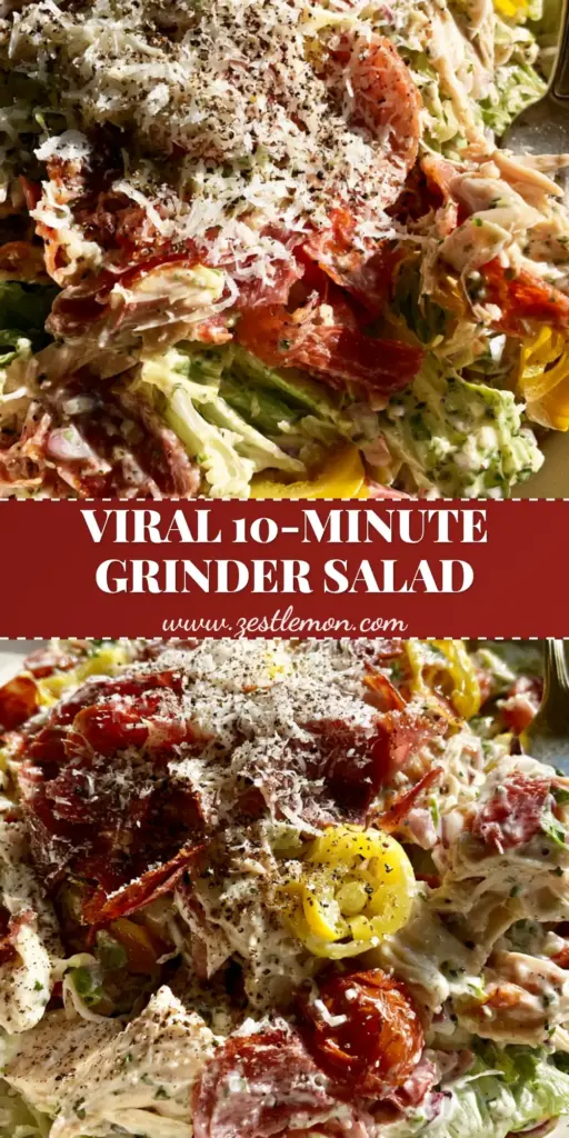Italian Grinder Chicken Salad: The Ultimate Creamy Deli-Style Recipe 3 A top-down view of a vibrant Italian Grinder Chicken Salad in a cream bowl, featuring shredded chicken, salami, and pepperoni with a heavy dusting of parmesan.