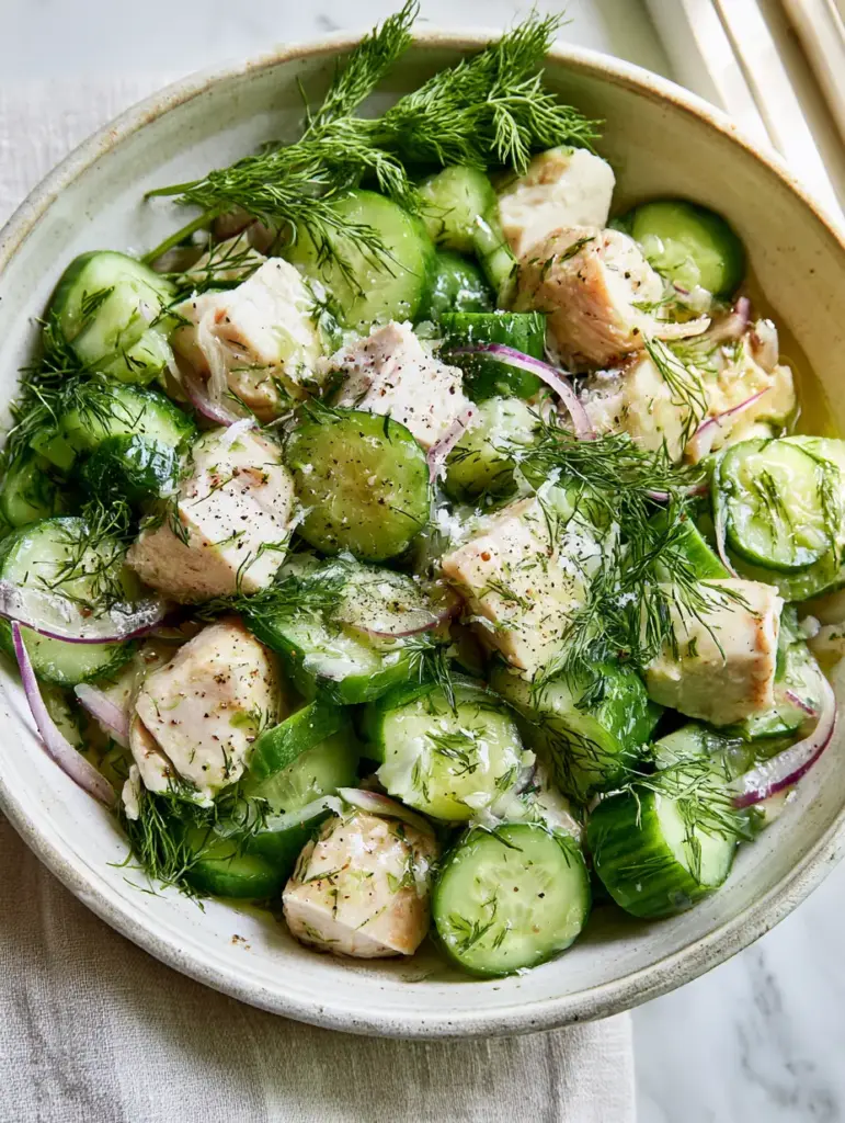 Cucumber Dill Chicken Salad with Zesty Lemon-Herb Vinaigrette 1 Close up of the Cucumber Dill Chicken Salad highlighting the flaky sea salt and cracked black pepper garnish.