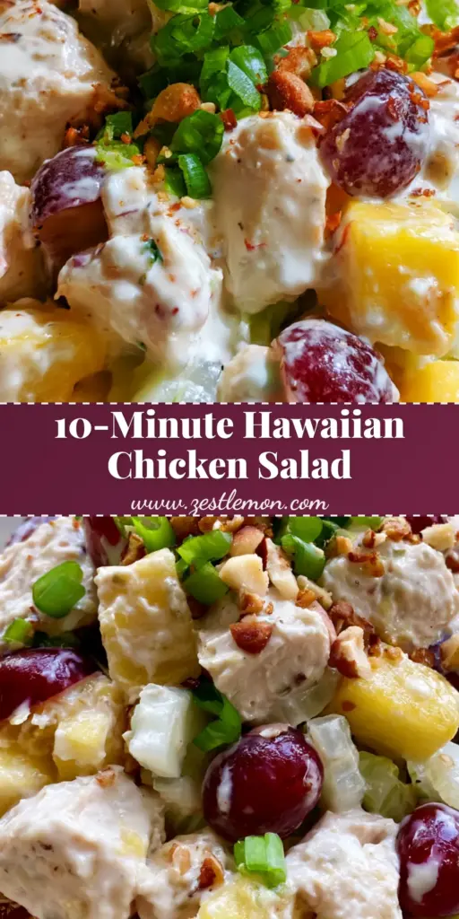 Hawaiian Chicken Salad Recipe in a Fresh Pineapple Boat 3 A vibrant Hawaiian chicken salad served in a hollowed-out pineapple boat with toasted macadamia nuts and grapes.