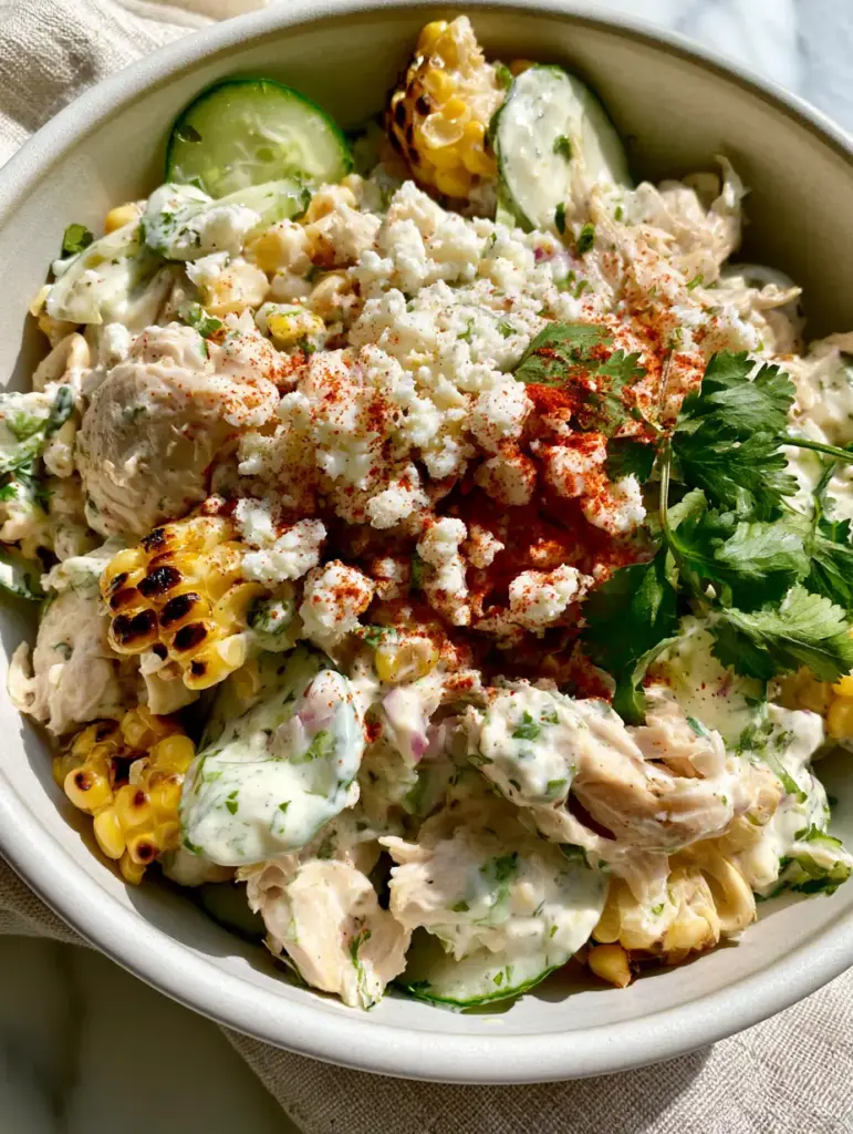 Close up of hand-torn chicken and charred corn in a street corn creamy cucumber chicken salad. (street corn creamy cucumber chicken salad)