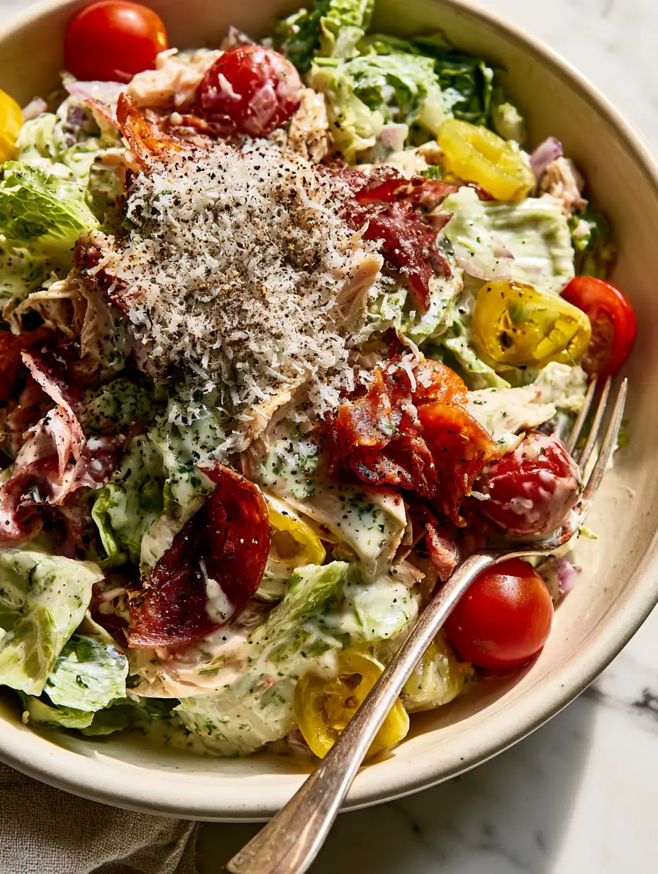 Italian Grinder Chicken Salad: The Ultimate Creamy Deli-Style Recipe 4 Close-up of shredded rotisserie chicken and ribbons of salami in an Italian Grinder Chicken Salad.