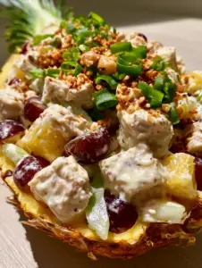 Close-up of cubed roasted chicken and golden pineapple in a creamy Hawaiian chicken salad dressing.