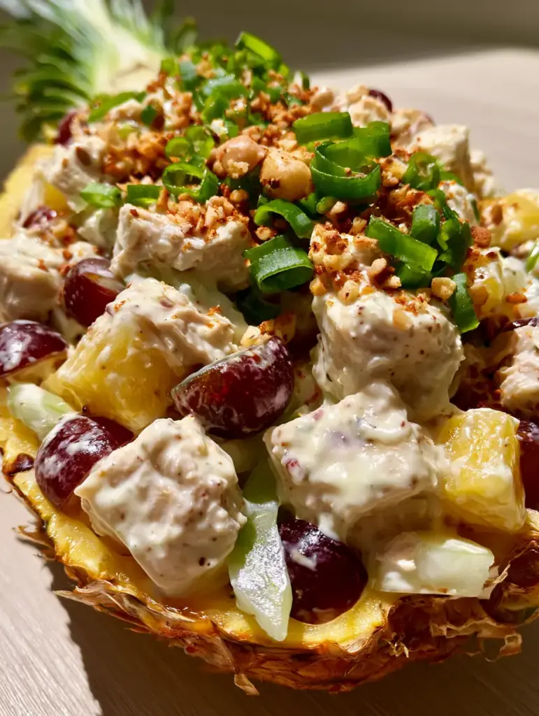 Close-up of cubed roasted chicken and golden pineapple in a creamy Hawaiian chicken salad dressing.