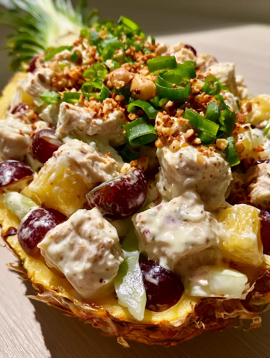Hawaiian Chicken Salad Recipe in a Fresh Pineapple Boat 4 Close-up of cubed roasted chicken and golden pineapple in a creamy Hawaiian chicken salad dressing.