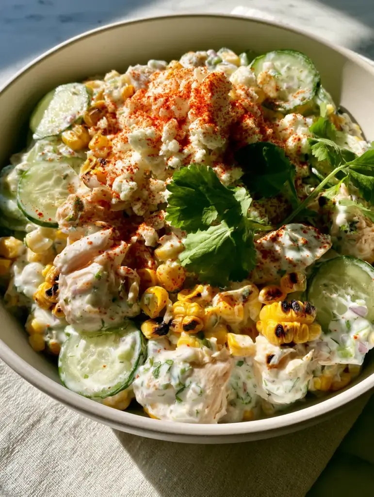Street Corn Creamy Cucumber Chicken Salad with Lime Crema 1 A handheld smartphone photo showing the creamy lime dressing and smoked paprika dusting on a chicken salad.