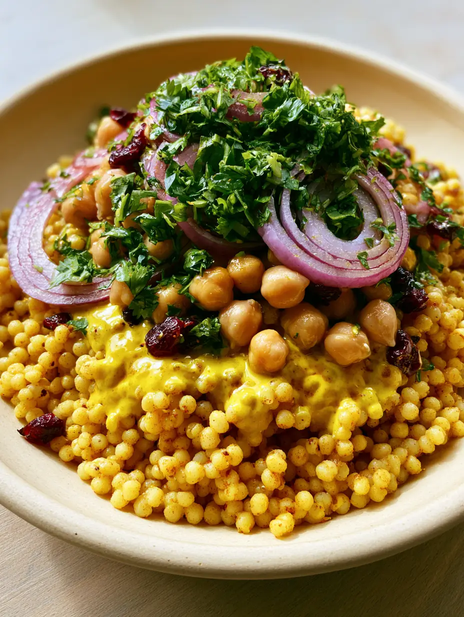 Curried Couscous Chickpea Salad: The Ultimate Vibrant Mediterranean Lunch 3 Close-up of golden yellow turmeric-stained Mediterranean pearl couscous with plump chickpeas and fresh green cilantro in a cream bowl.