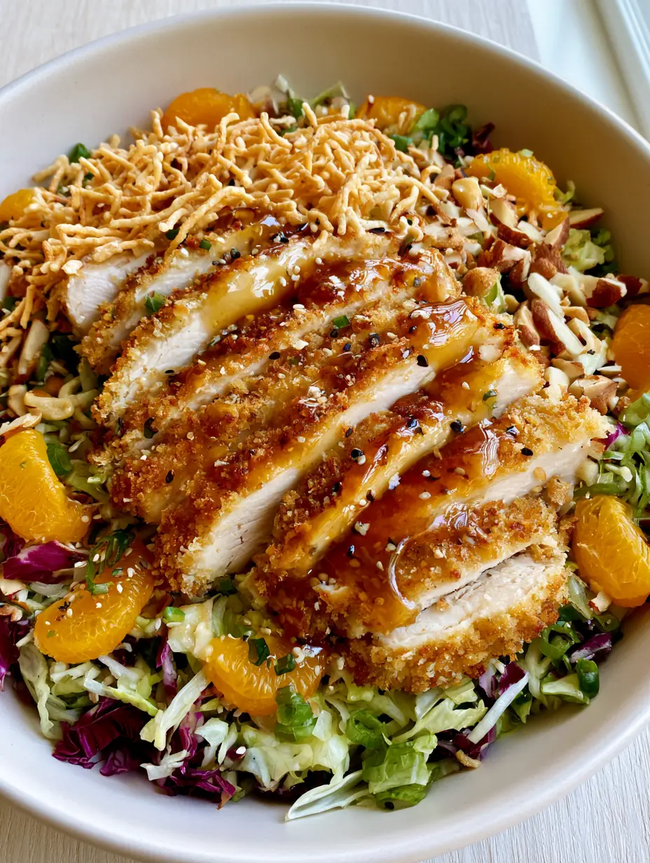 Close up of crispy golden-brown panko-breaded chicken strips topped with sesame seeds and green scallions on an Oriental Chicken Salad.
