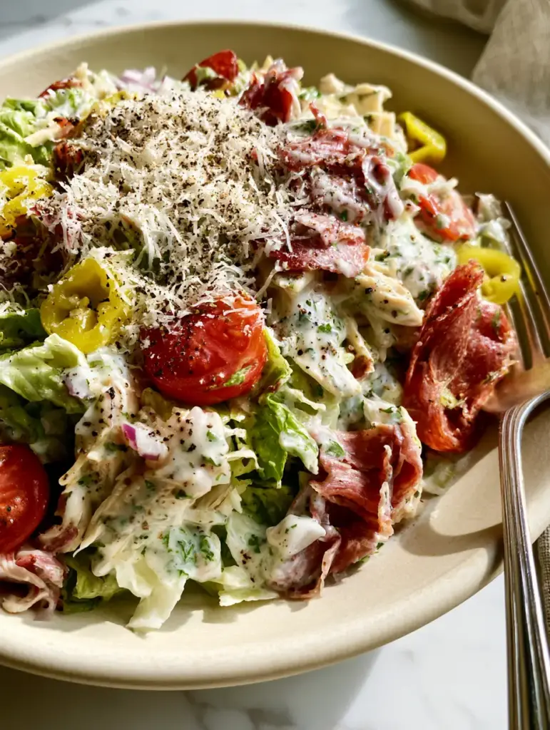 Italian Grinder Chicken Salad: The Ultimate Creamy Deli-Style Recipe 1 A fork lifting a bite of Italian Grinder Chicken Salad showing neon-yellow pepperoncinis and creamy dressing.