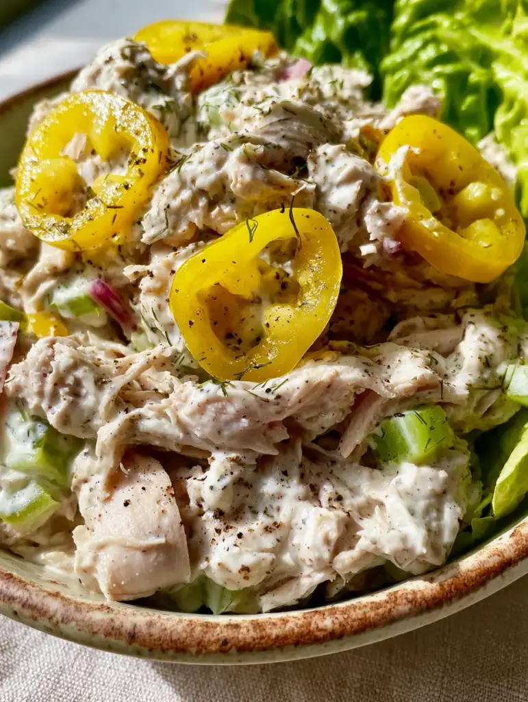Pepperoncini Chicken Salad: The Zesty 15-Minute Creamy Lunch Wrap 1 A rustic bowl filled with shredded chicken salad flecked with green celery and red onion slivers.