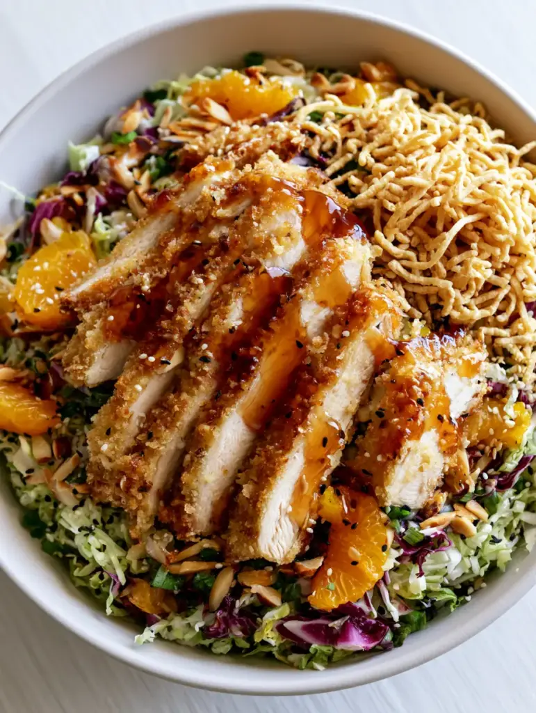 Oriental Chicken Salad with Crispy Panko Chicken and Ginger Dressing 1 A full modern matte white bowl of Oriental Chicken Salad showing purple radicchio, mandarin segments, and toasted almonds.