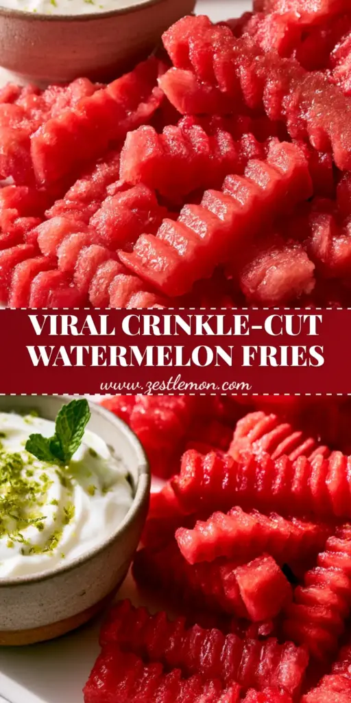 A minimalist white platter holding a heap of crinkle-cut Watermelon Fries with a side bowl of lime-zested Greek yogurt dip.