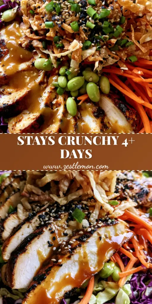 A vibrant Asian Chicken Crunch Salad topped with golden seared chicken, wontons, and edamame in a ceramic bowl. (asian chicken crunch salad)
