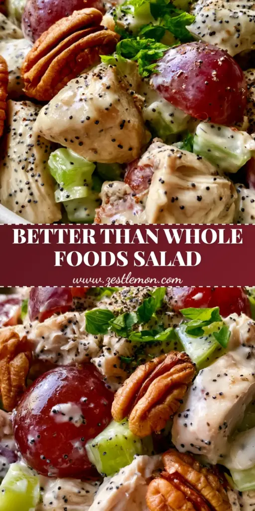 Sonoma Chicken Salad Recipe: The Ultimate Creamy Poppy Seed Crunch 4 A top-down view of Sonoma Chicken Salad with large chicken chunks, crimson grapes, and toasted pecans in a creamy dressing. (Sonoma Chicken Salad)