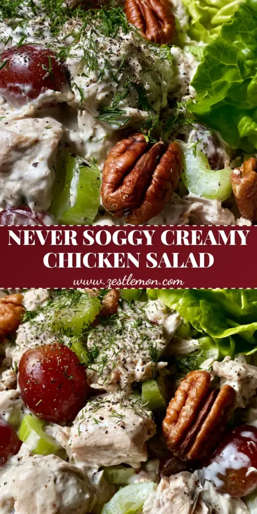 Creamy Chicken Salad Recipe with Toasted Pecans and Red Grapes 4 A handheld smartphone photo of ultra-creamy chicken salad with large toasted pecan halves and halved red flame grapes in a ceramic bowl. (creamy chicken salad)