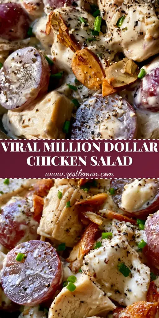 Million Dollar Chicken Salad with Roasted Chicken and Toasted Almonds 4 A rustic white bowl filled with creamy Million Dollar Chicken Salad featuring roasted shredded chicken, purple grapes, and toasted almonds.