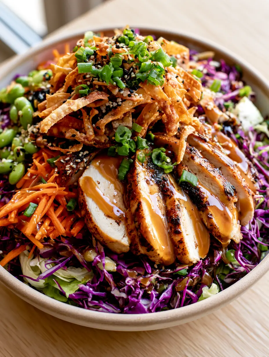 Macro top-down view of shredded purple cabbage and seared chicken in an asian chicken crunch salad.